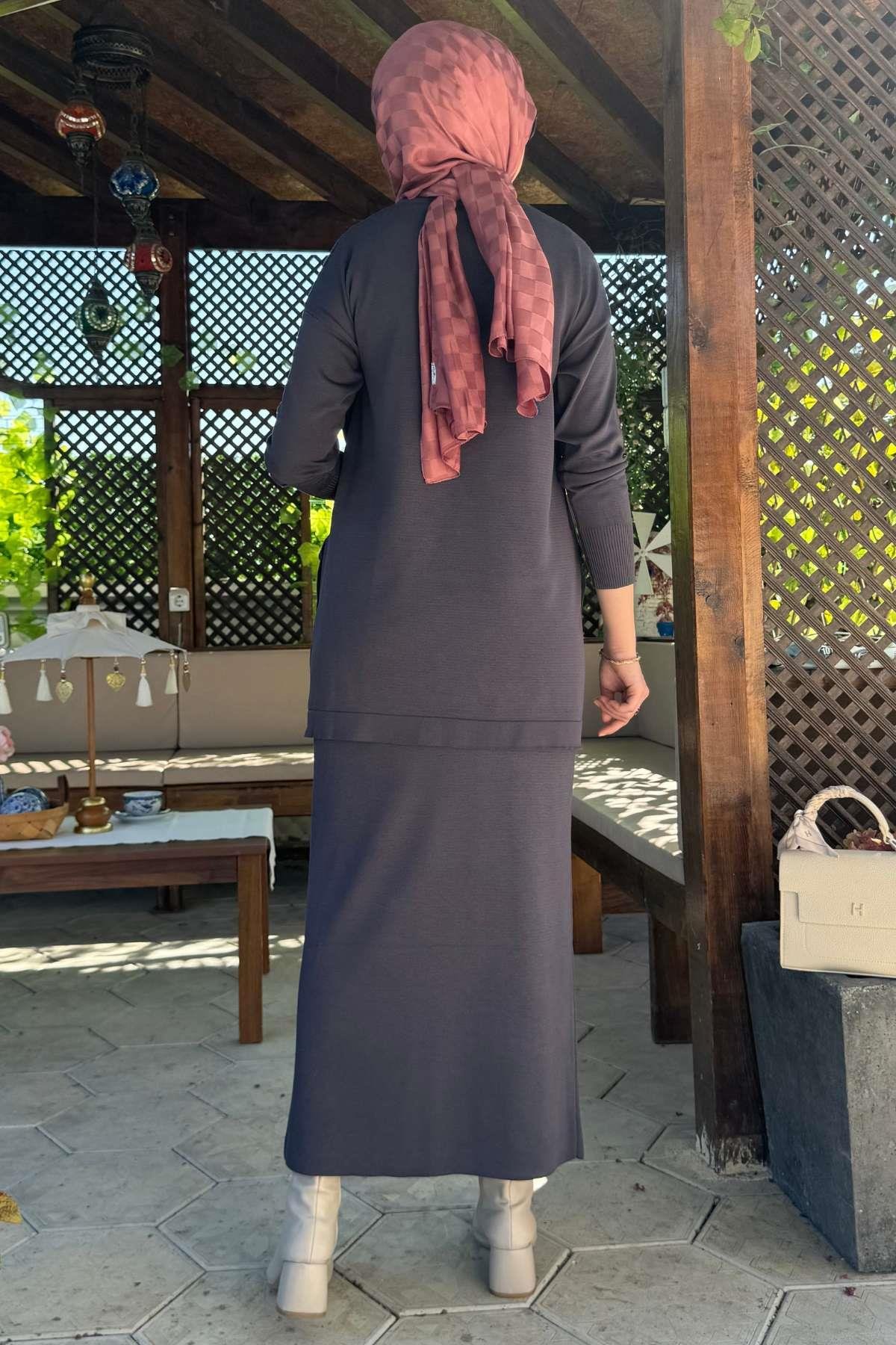 İnci Plise Etekli Triko Takım Bordo | Rabia Şamlı