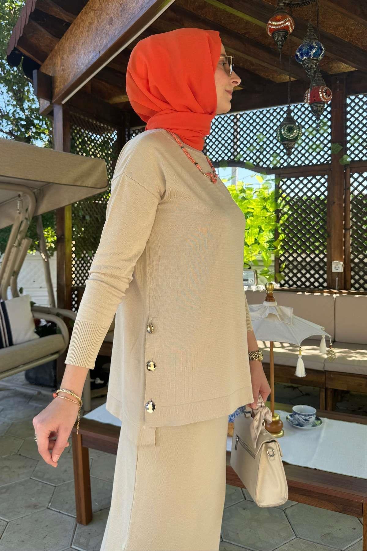 İnci Plise Etekli Triko Takım Bordo | Rabia Şamlı