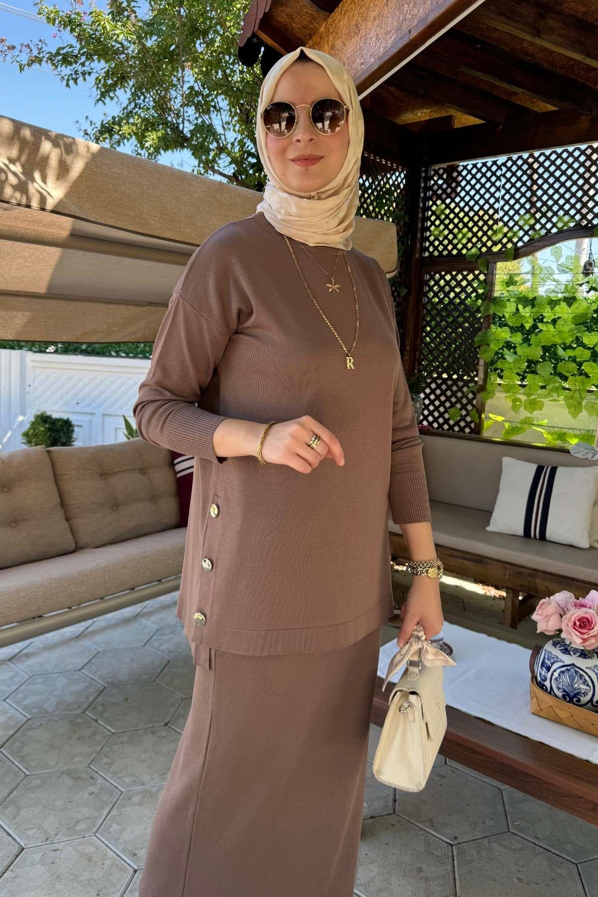İnci Plise Etekli Triko Takım Bordo | Rabia Şamlı