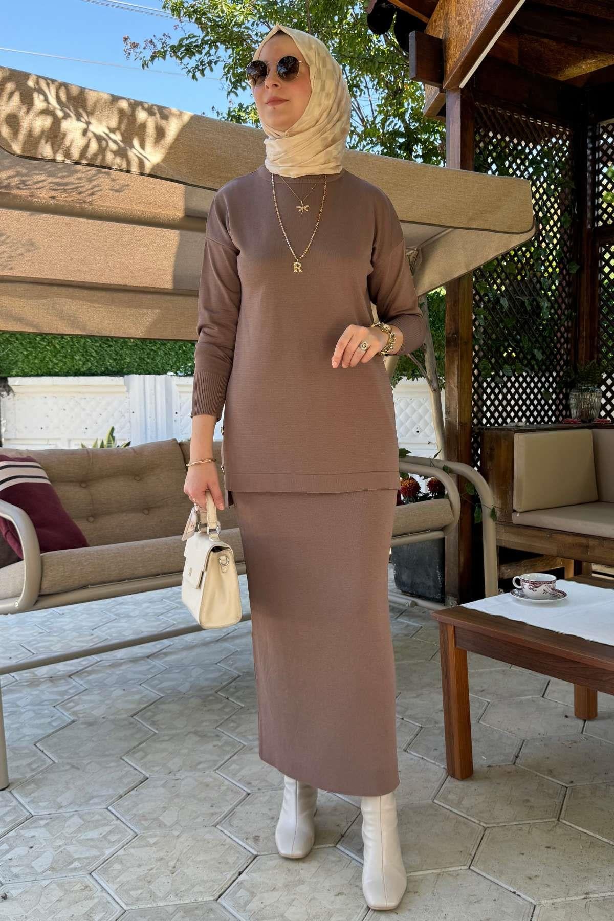 İnci Plise Etekli Triko Takım Bordo | Rabia Şamlı