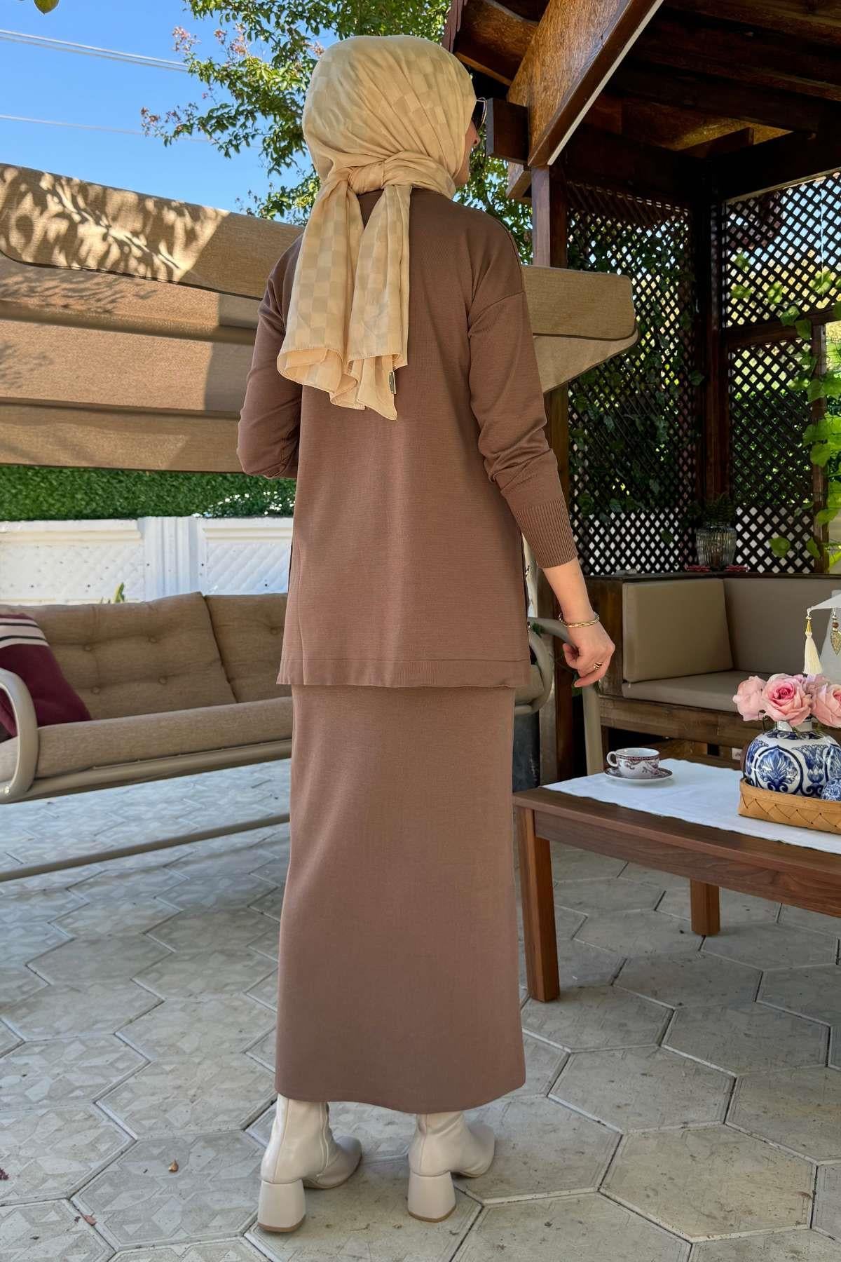 İnci Plise Etekli Triko Takım Bordo | Rabia Şamlı
