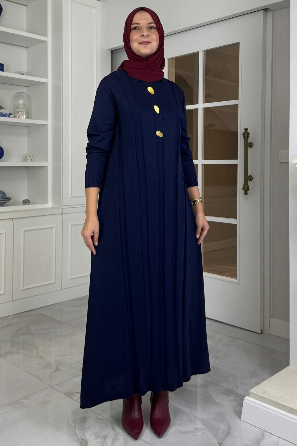 Yaprak Triko Elbise Lacivert | Rabia Şamlı | Tesettür Giyim, Elbise ve Kadın Giyim Modası