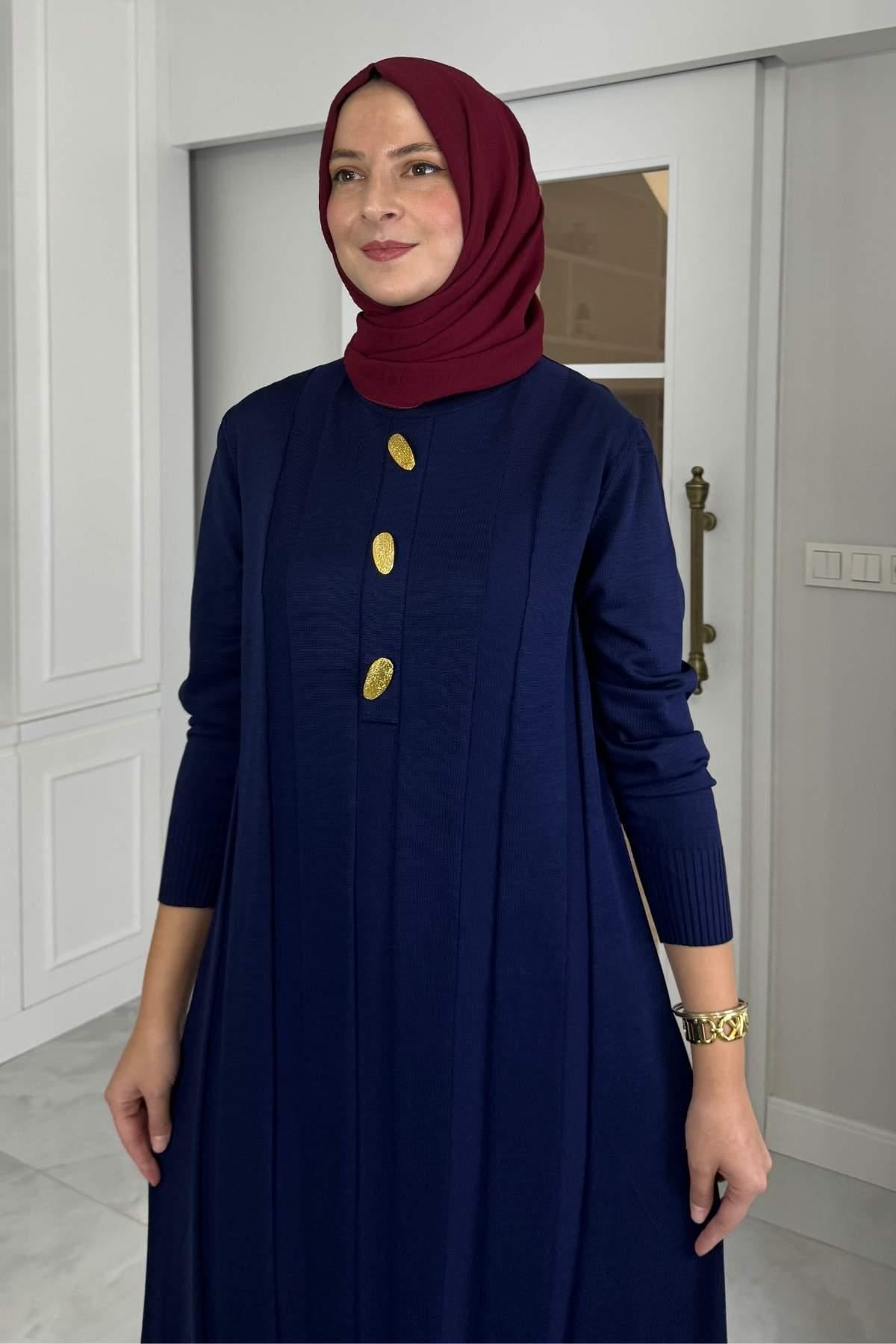 Yaprak Triko Elbise Lacivert | Rabia Şamlı | Tesettür Giyim, Elbise ve Kadın Giyim Modası