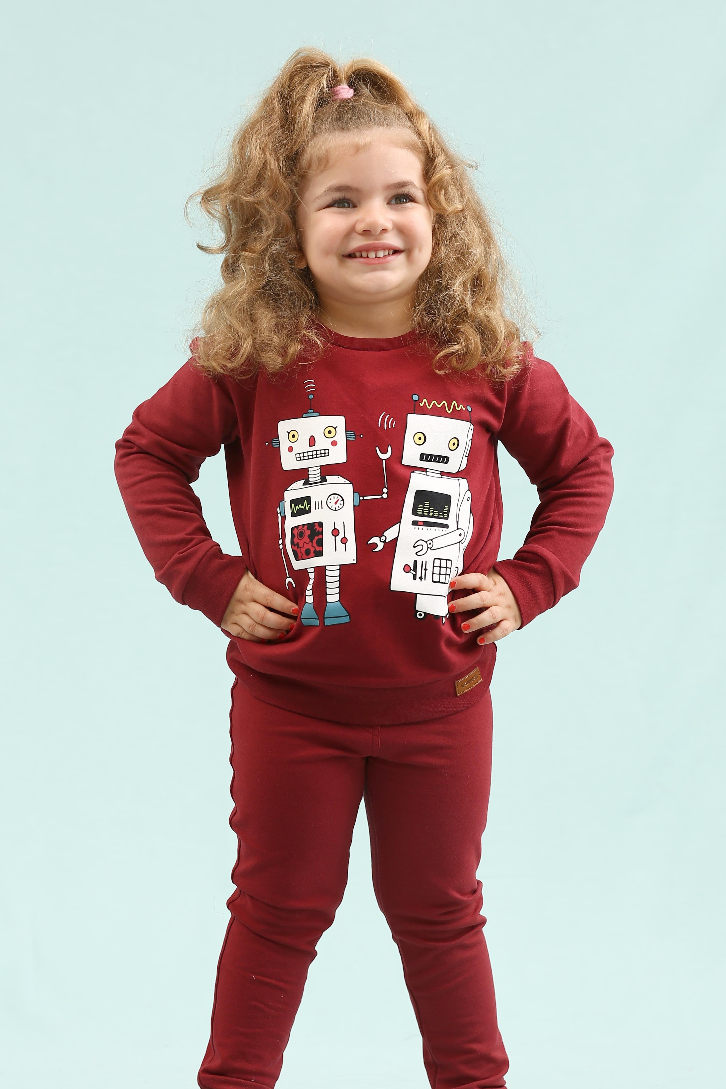 WalkiddySweatshirtBordo Robot Baskılı Organik Çocuk Sweatshirt
