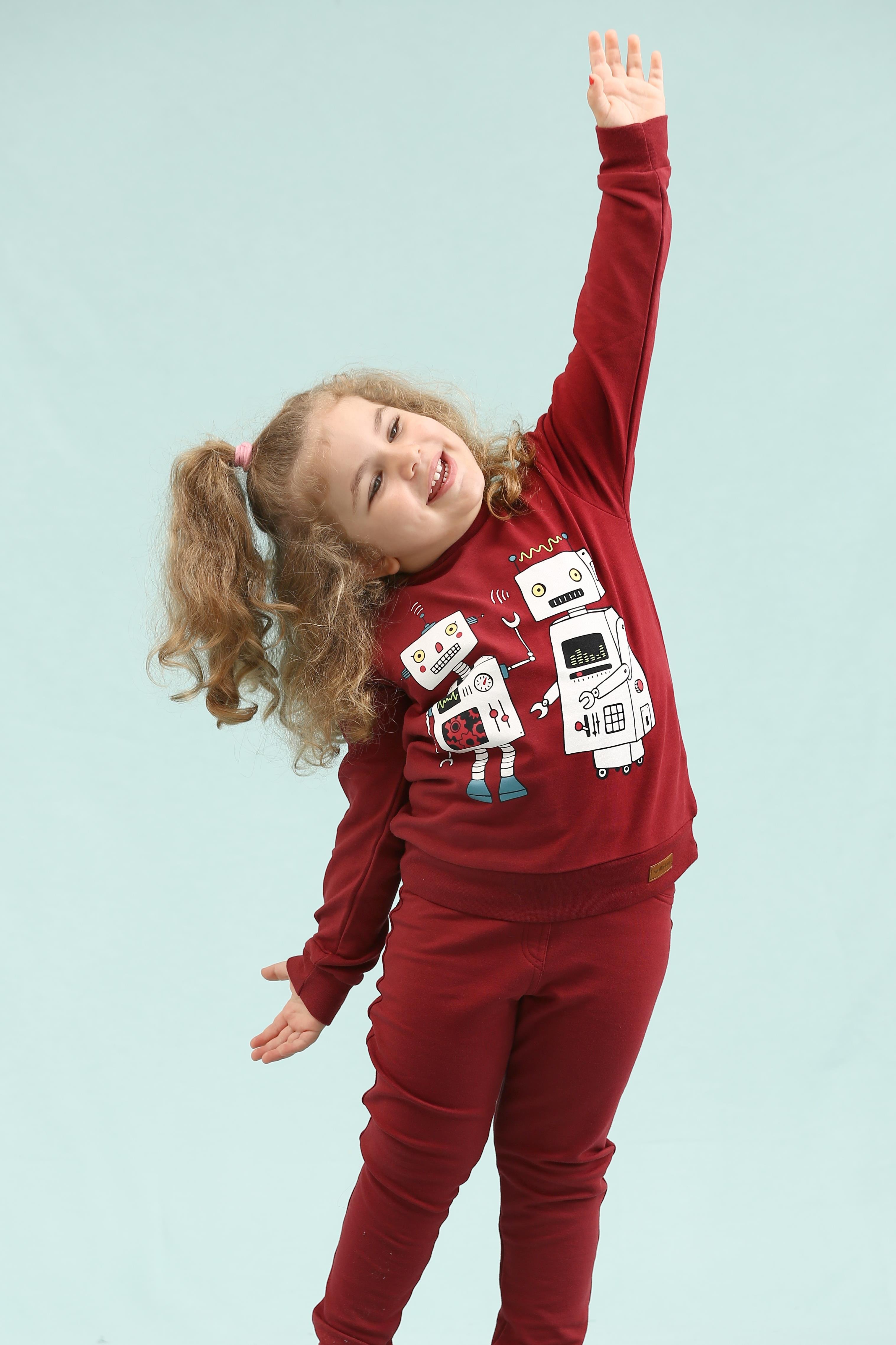 WalkiddySweatshirtBordo Robot Baskılı Organik Çocuk Sweatshirt
