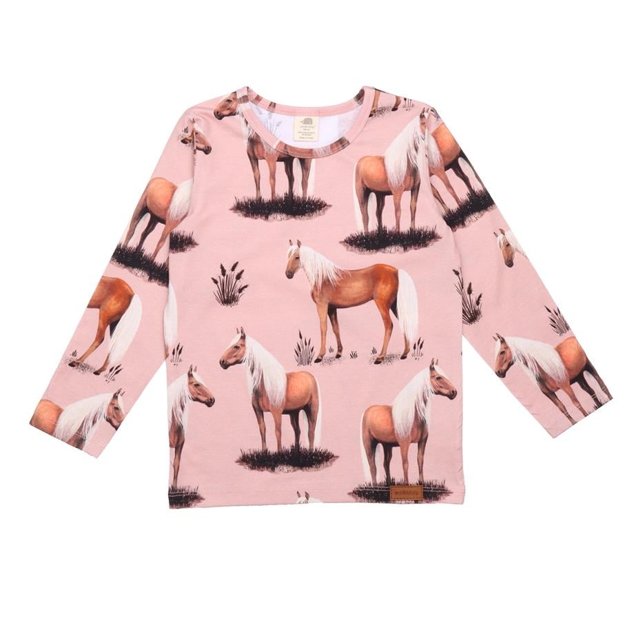 WalkiddyT-ShirtPembe Zemin At Desenli Uzun Kollu Tişört