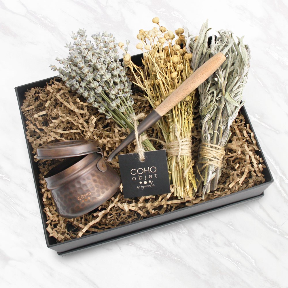 Coho Box Antique Dövme Tütsü Çanağı & Üzerlik &Adaçayı & Lavanta Hediye Seti