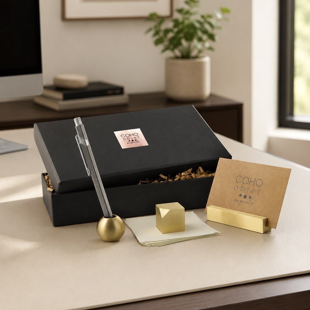 Coho Box Lux Pirinç Masaüstü Düzenleyici Ofis Hediye Seti
