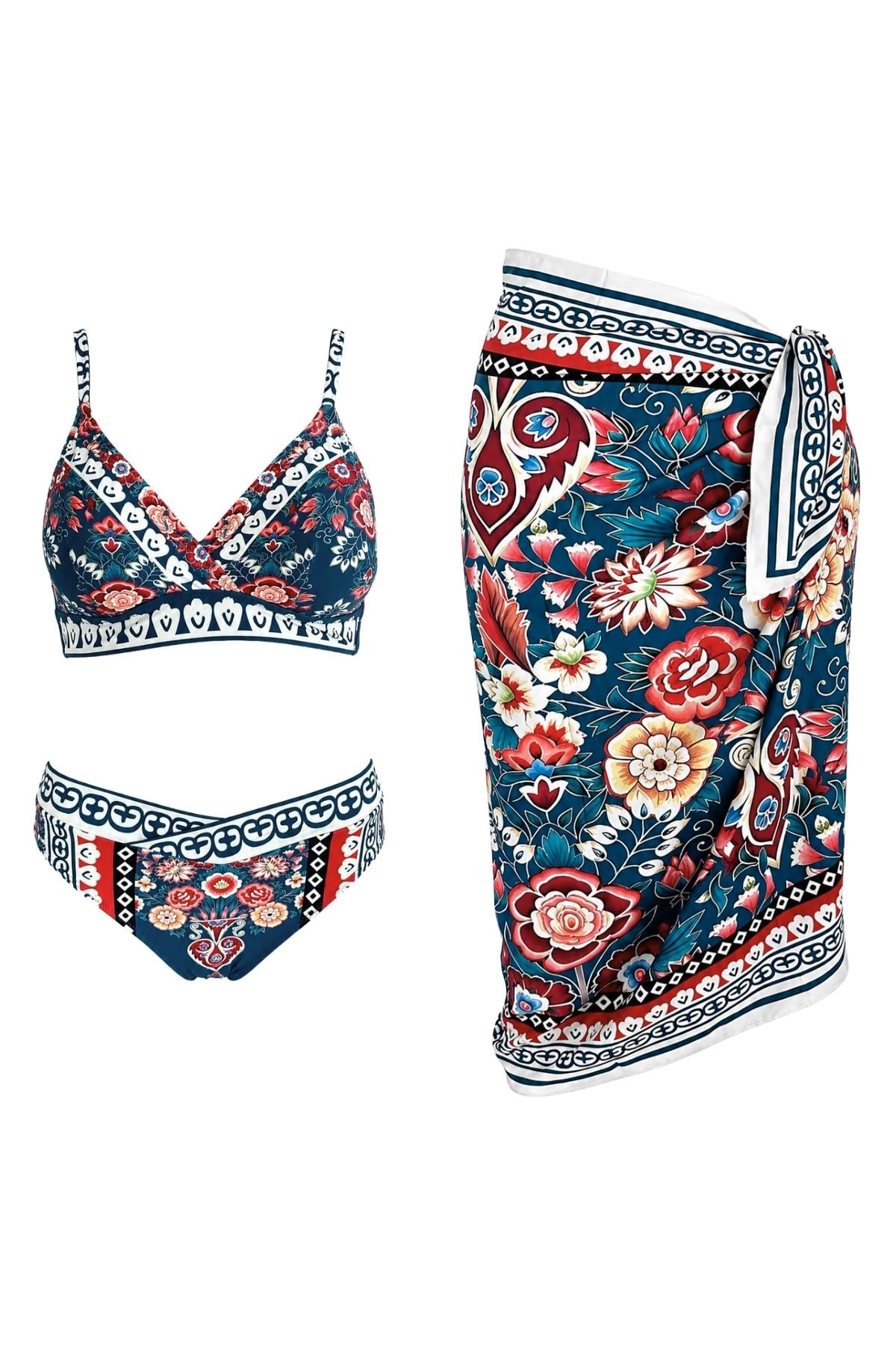 Üçgen Pareolu Desenli Bikini Takım 