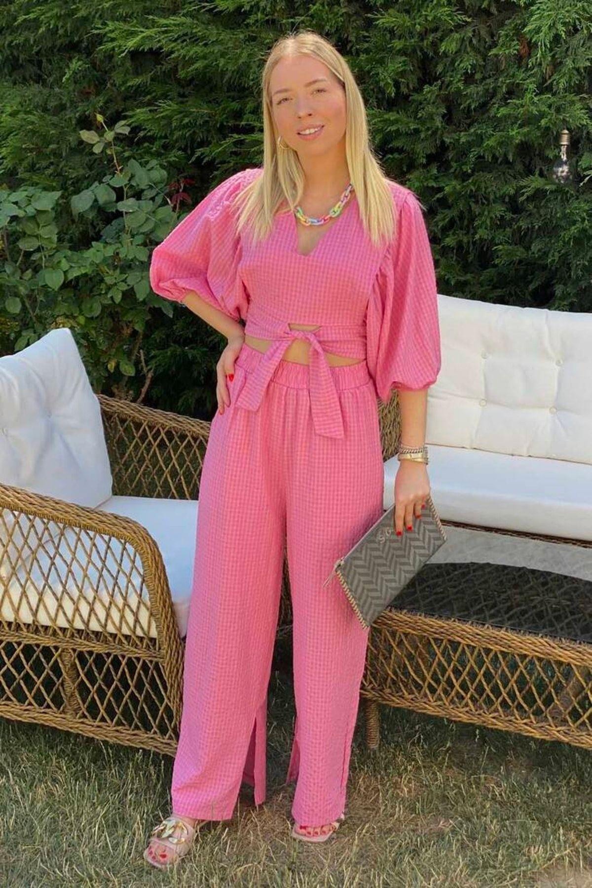 Kadın Pembe Crop Blon Kol Pantolon Alt Üst Takım