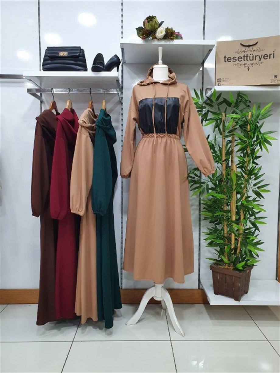 Camel Renk Kapşonlu Elbise
