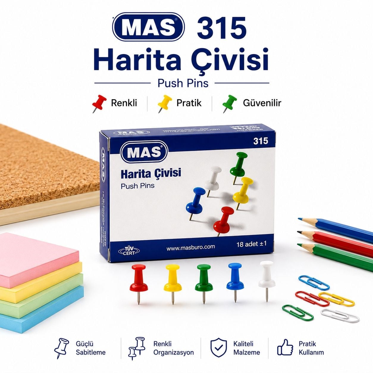  MAS 315 Harita Çivisi Renkli Kutu - 18 Adet