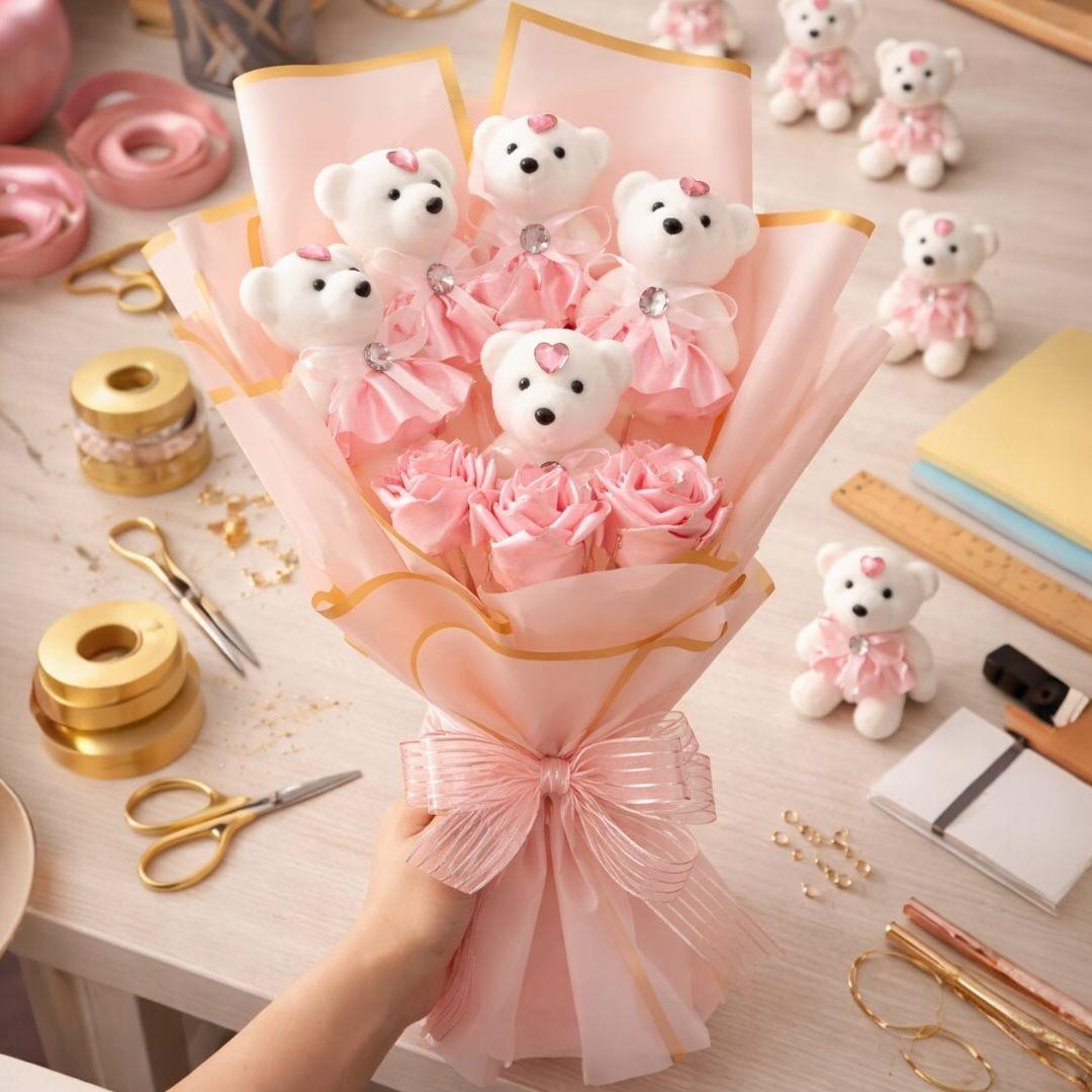 Demet Gül Aranjman Ayıcıklı Pembe