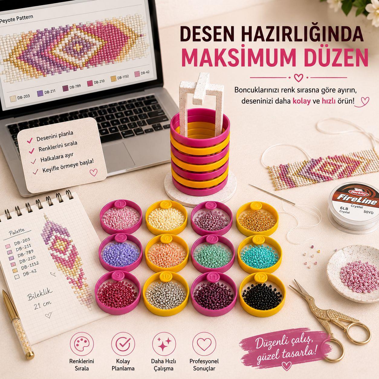 Halka Boncuk Organizeri 12'li Set - Numaralı ve Çift Renk