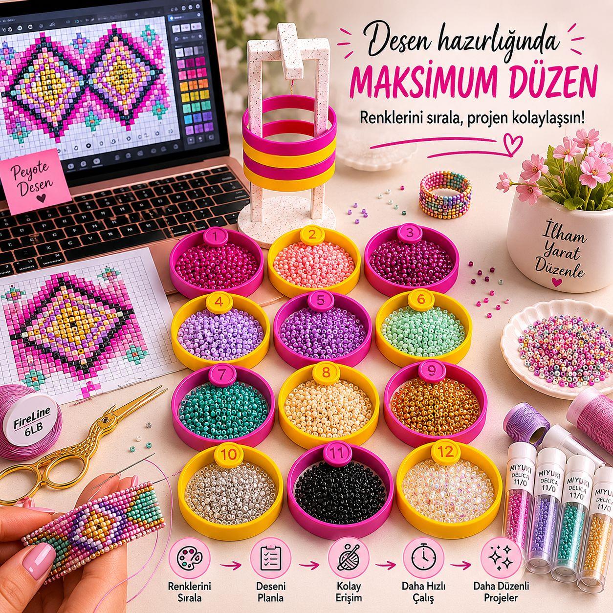 Halka Boncuk Organizeri 12'li Set - Numaralı ve Çift Renk