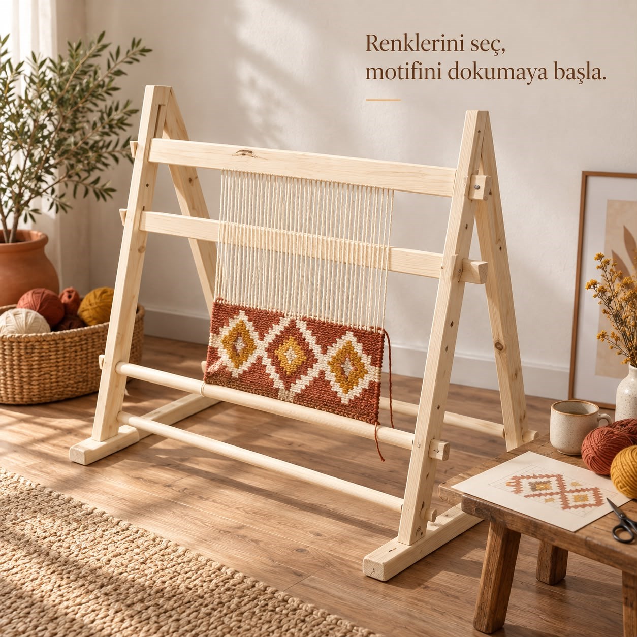İlmek Atölyesi – No:2 Ayaklı Ahşap Dokuma Tezgâhı | 70 × 70 cm