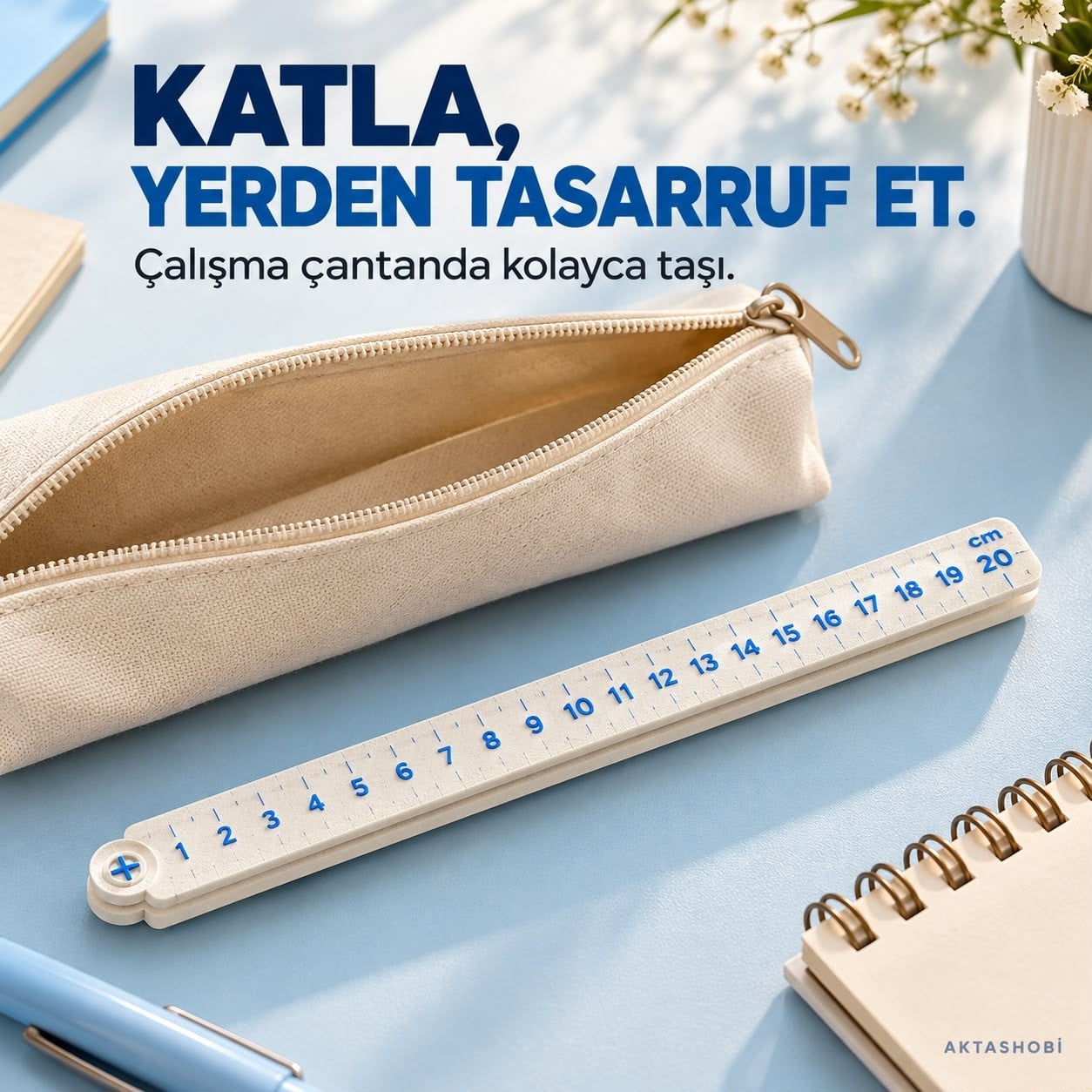 Katlanabilir Çift Ölçülü Hobi Cetveli — Ölç, Katla, Yanında Taşı 20 CM