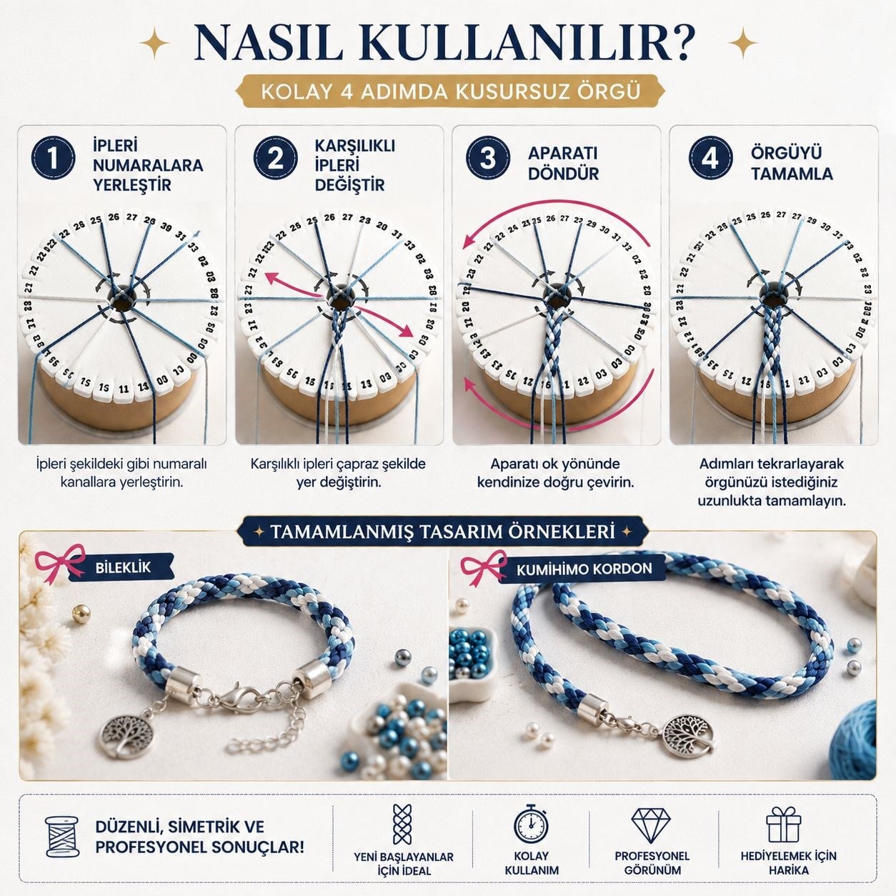 Kumihimo Beyaz Disk Makrome Örgü