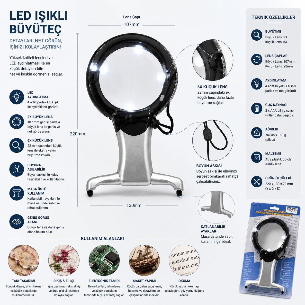 LED Işıklı Masa Tipi ve Boyun Askılı Büyüteç