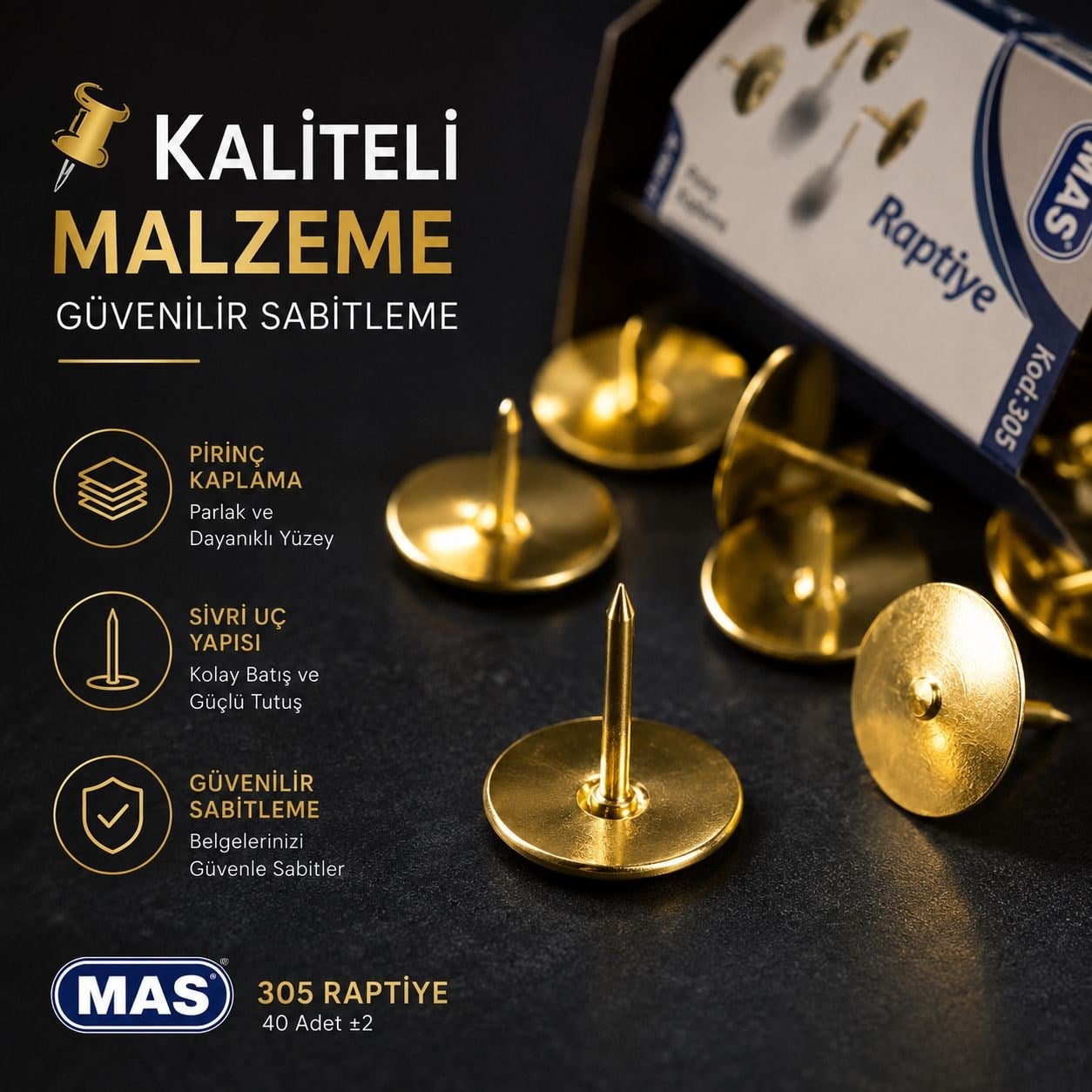 MAS 305 Pirinç Kaplama Raptiye - 40 Adet  