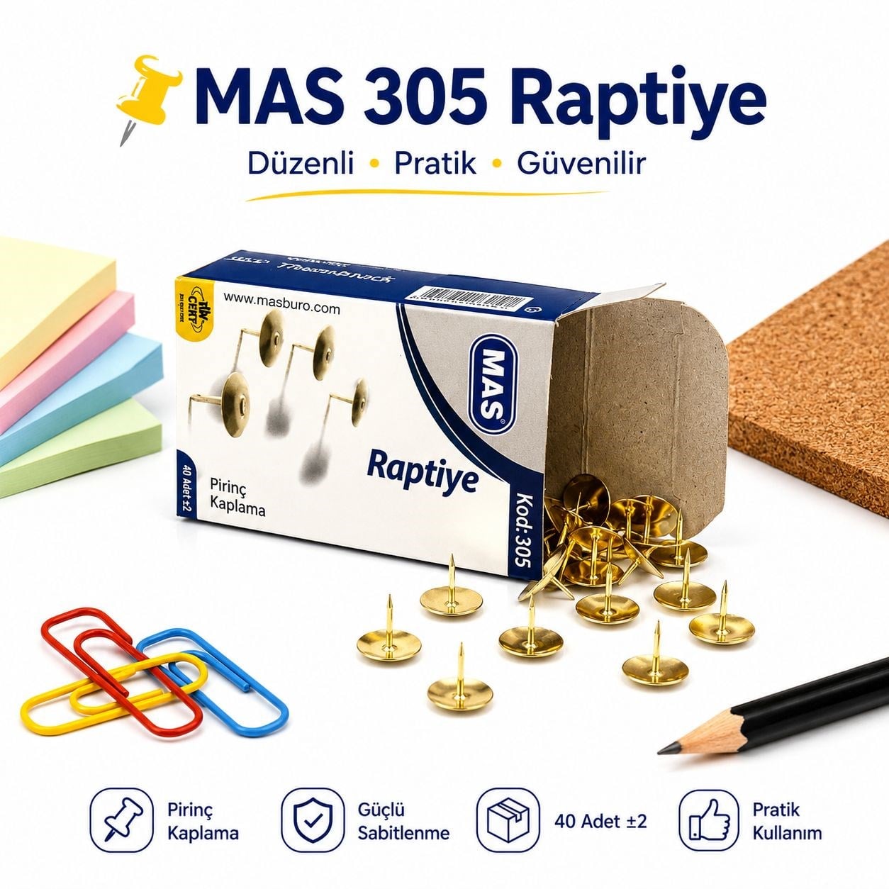 MAS 305 Pirinç Kaplama Raptiye - 40 Adet  