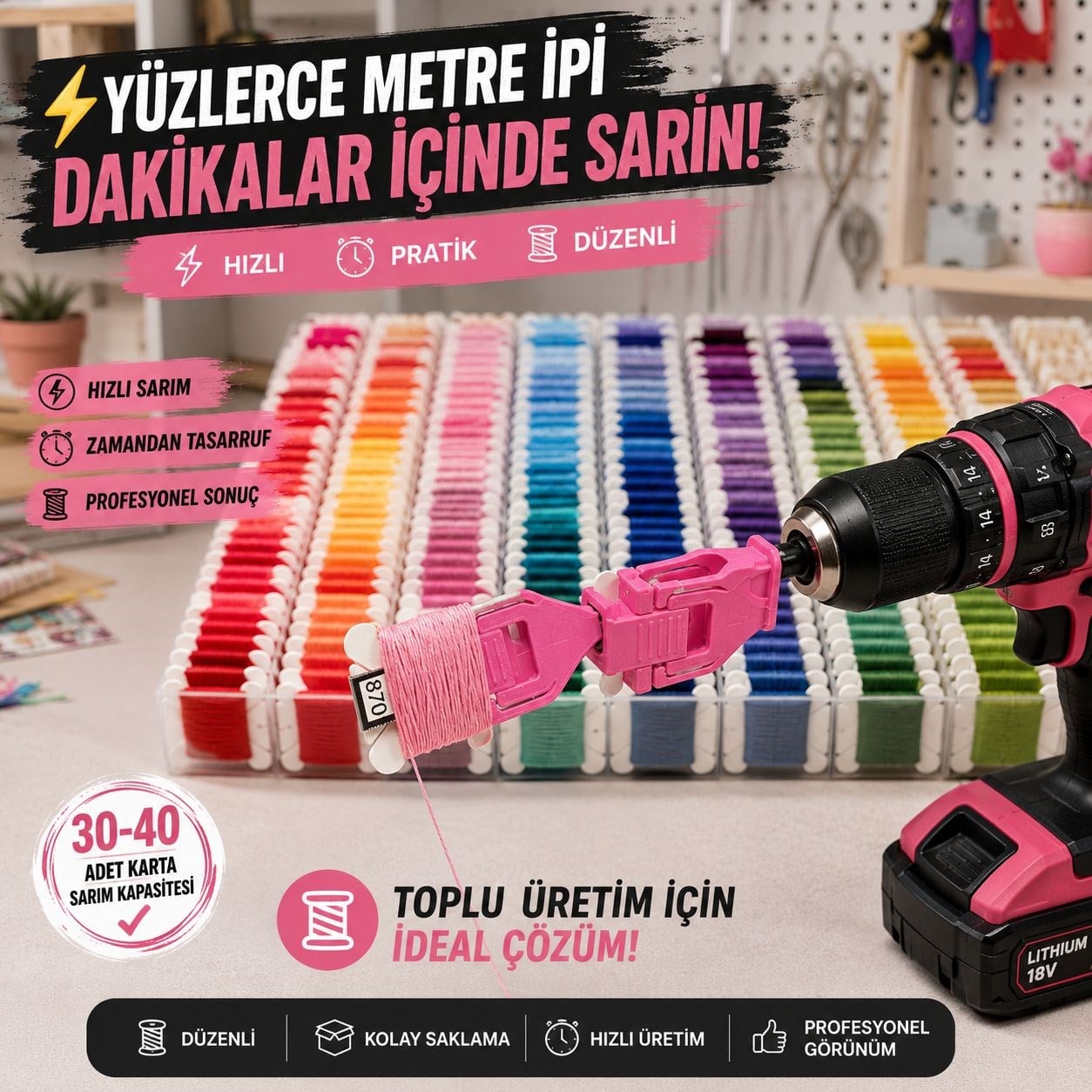 Matkap Uyumlu İplik Sarma Kartı Aparatı +10 Adet İplik Kartıyla