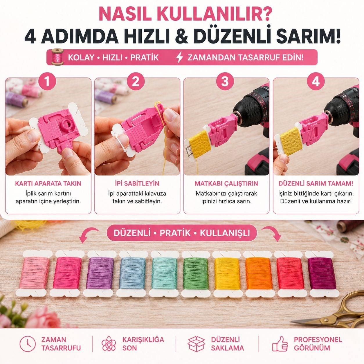 Matkap Uyumlu İplik Sarma Kartı Aparatı +10 Adet İplik Kartıyla