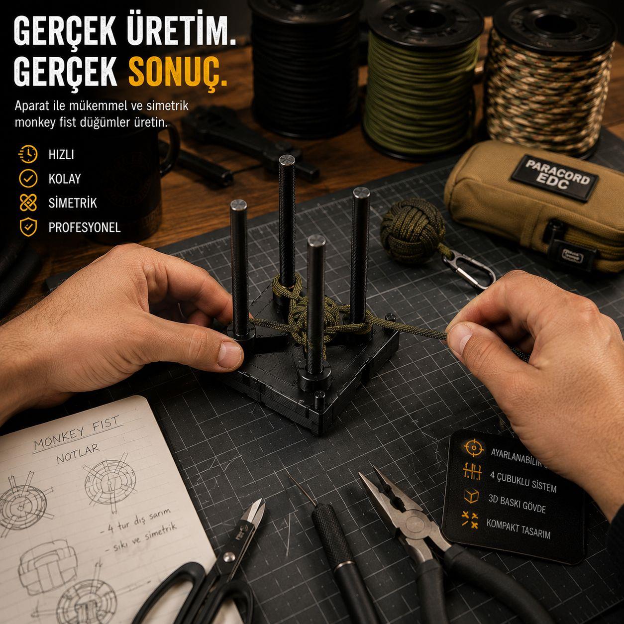 Paracord Top Düğüm Aparatı – Ayarlanabilir 4 Çubuklu Sistem