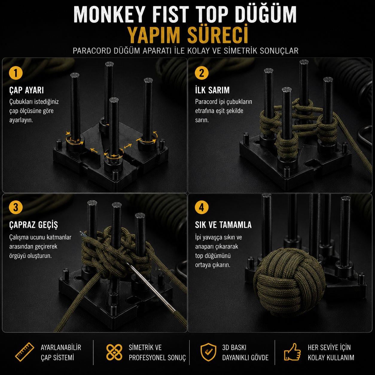 Paracord Top Düğüm Aparatı – Ayarlanabilir 4 Çubuklu Sistem
