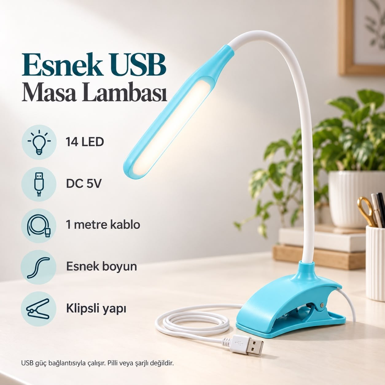 Power Master PM-11328 Esnek USB 14 LED Klipsli Masa Lambası