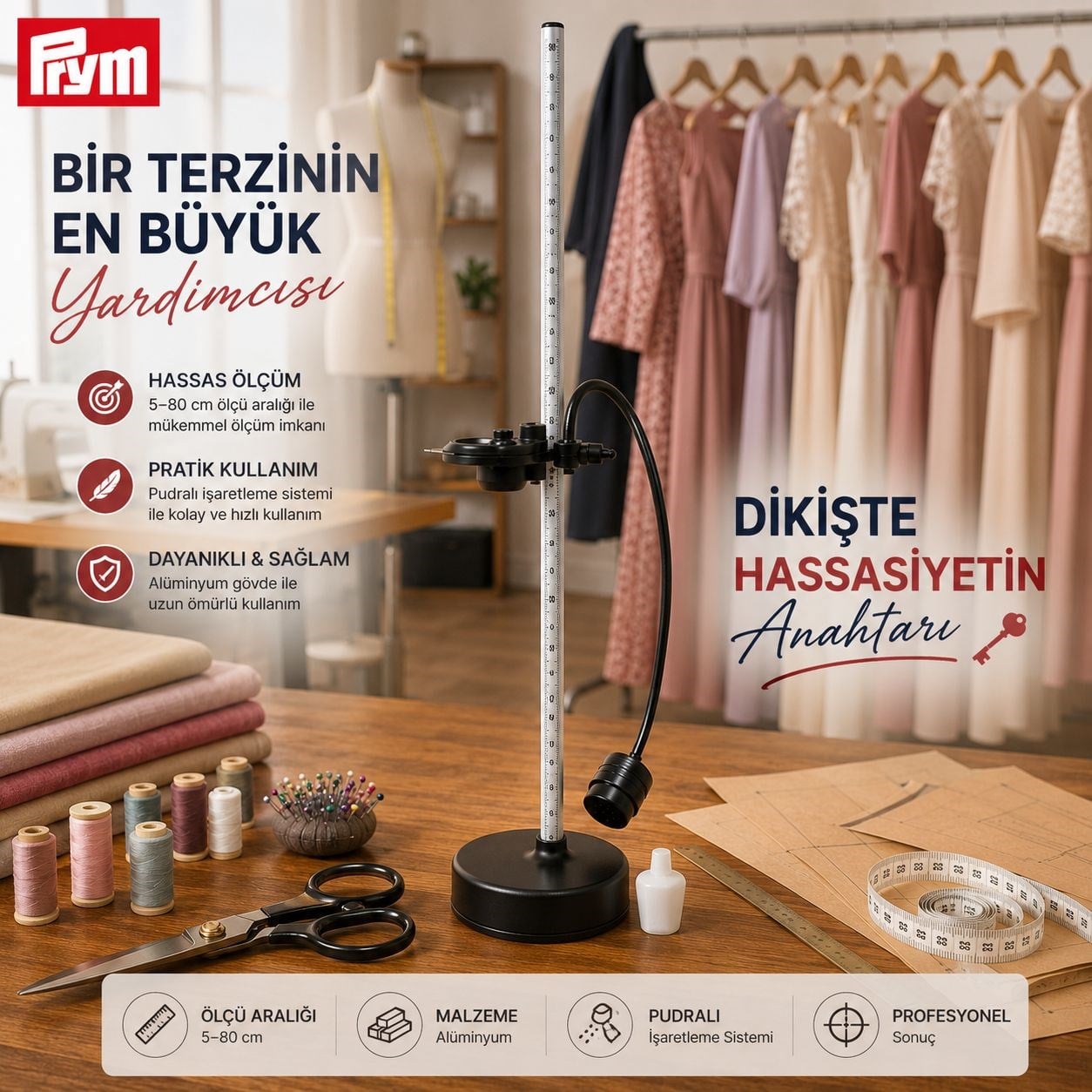 PRYM Alüminyum Etek Boyu Ölçme Aleti ile Kusursuz Ölçüler