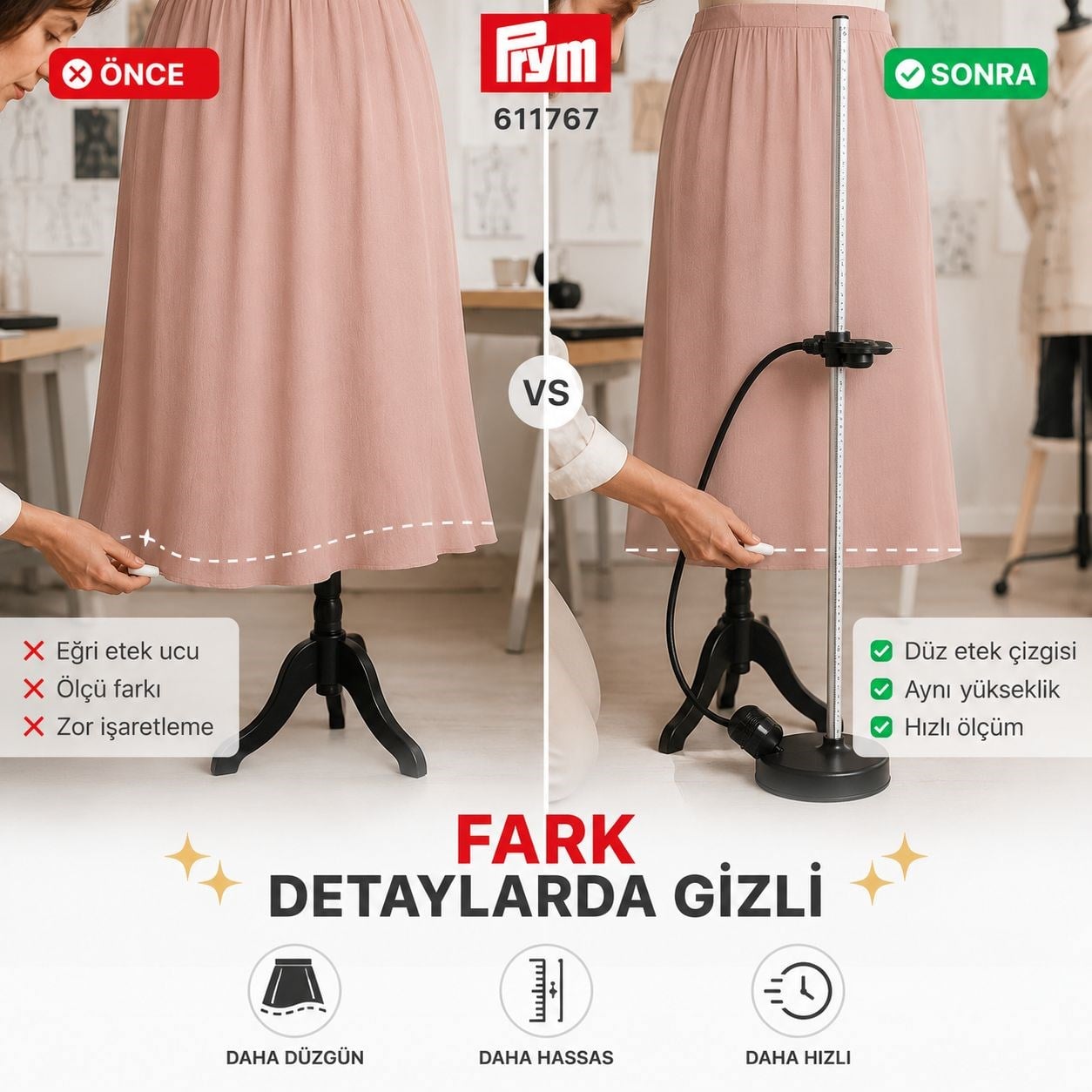 PRYM Alüminyum Etek Boyu Ölçme Aleti ile Kusursuz Ölçüler
