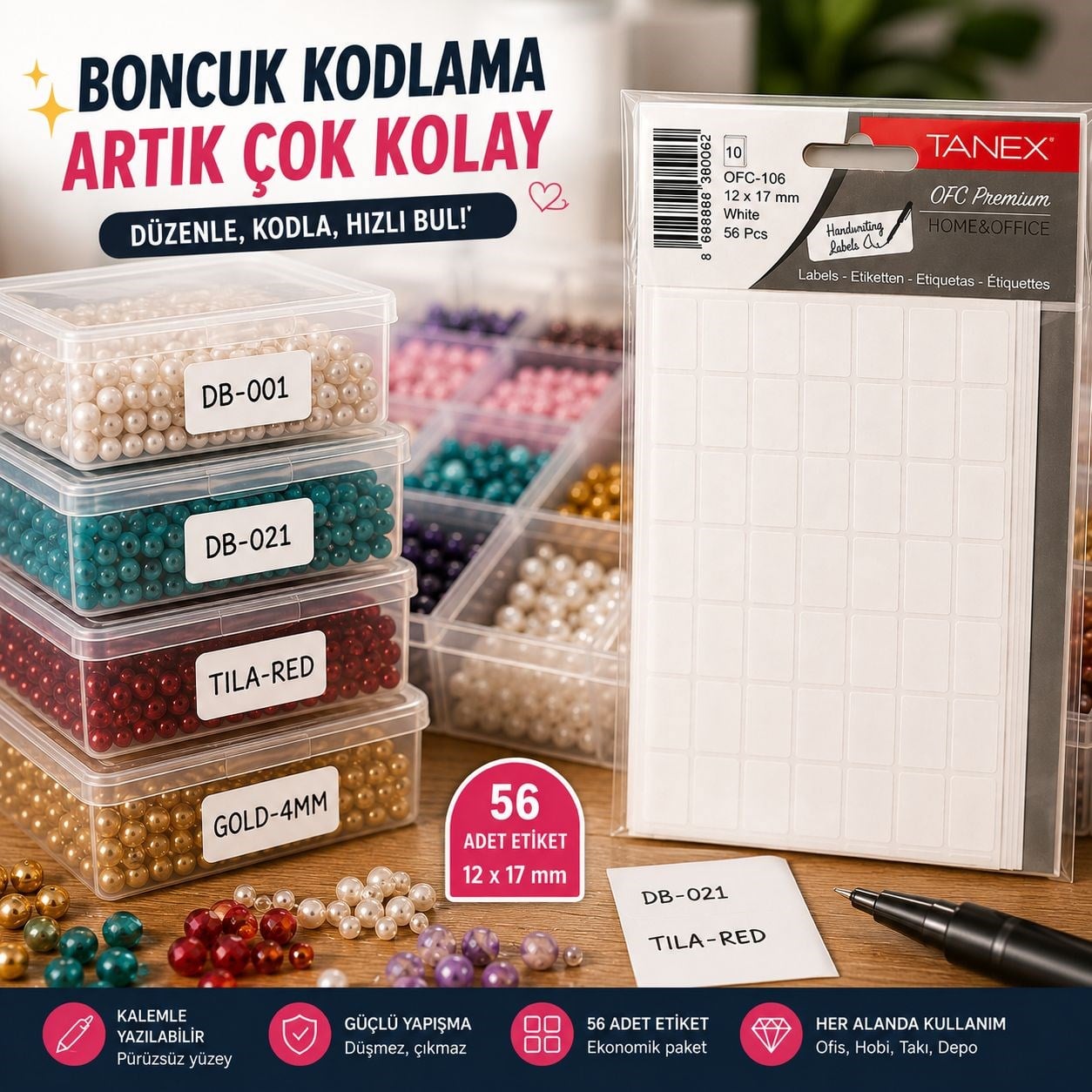 Yapışkanlı Beyaz Ofis Etiketi – 12 x 17 mm | 56 Adet