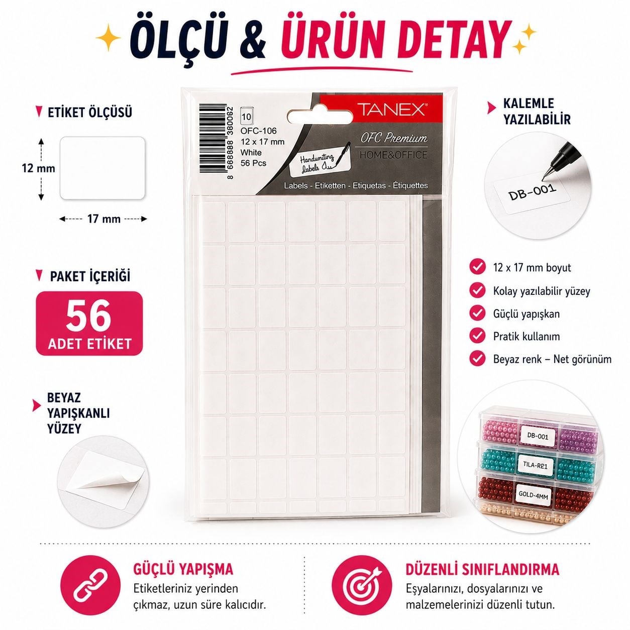 Yapışkanlı Beyaz Ofis Etiketi – 12 x 17 mm | 56 Adet