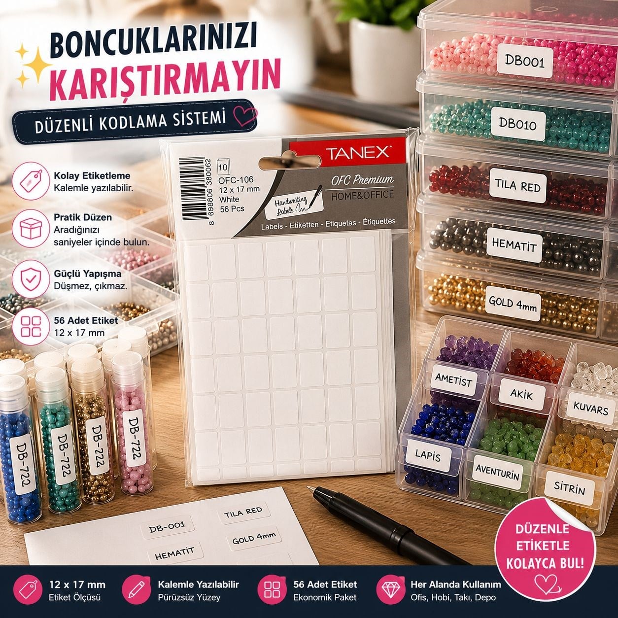 Yapışkanlı Beyaz Ofis Etiketi – 12 x 17 mm | 56 Adet
