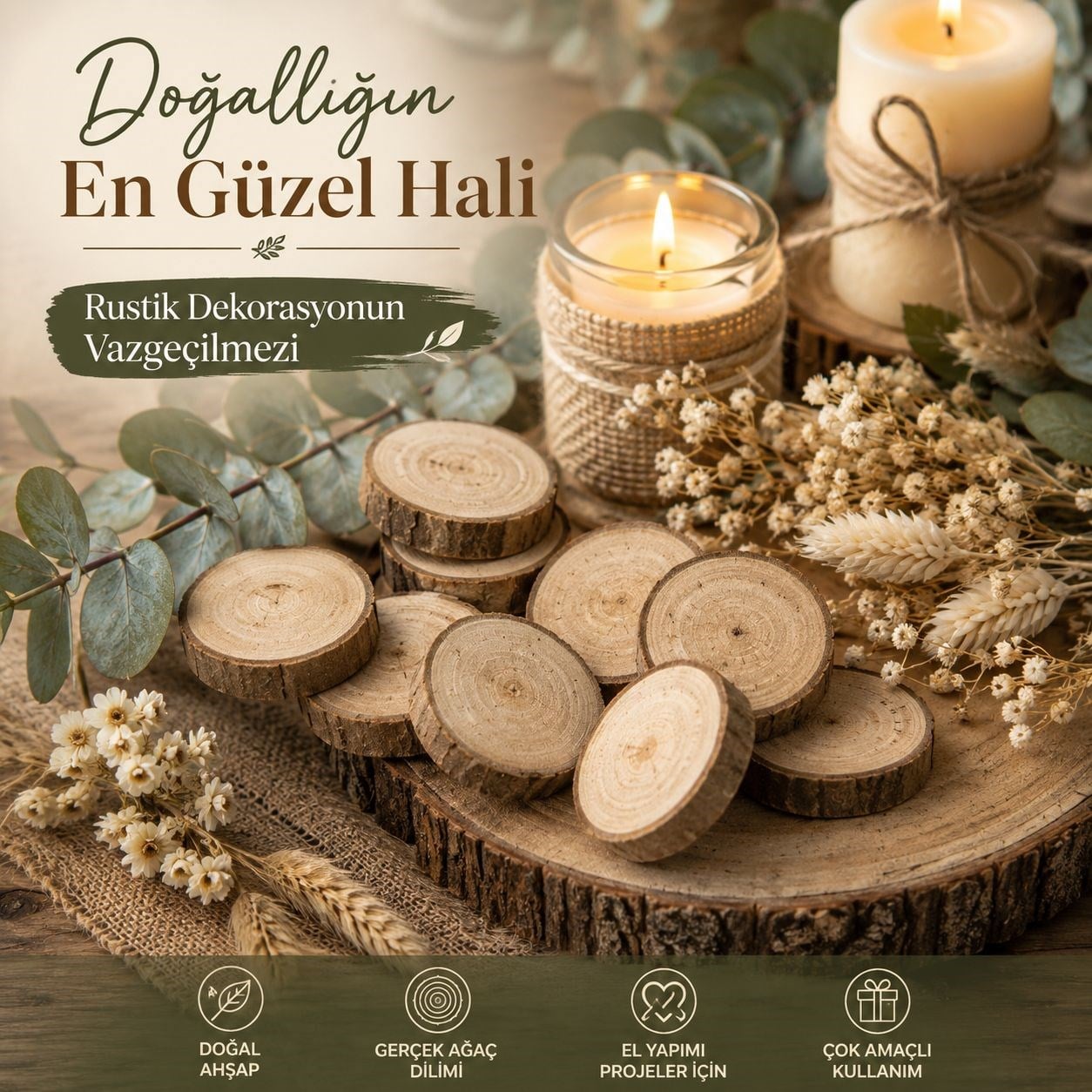 Yuvarlak Kesim Ahşap Halka - Dekoratif Ahşap Stand