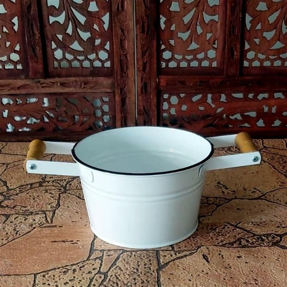 Ahşap Saplı Beyaz Galvaniz Kova