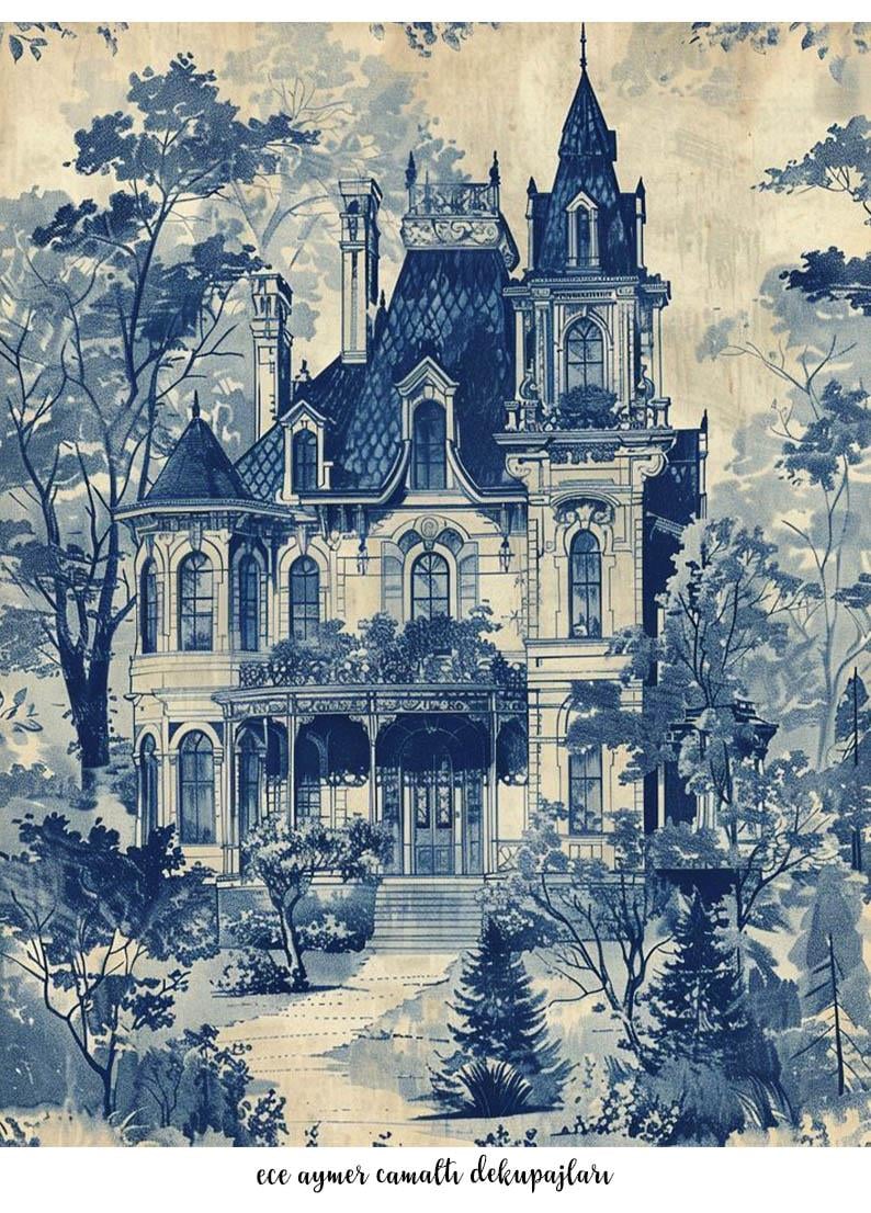 Mavi Perili Ev Cam Altı Dekupaj