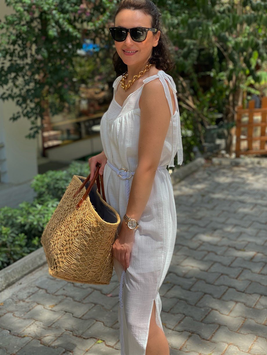Beyaz Keten Bodrum Elbise