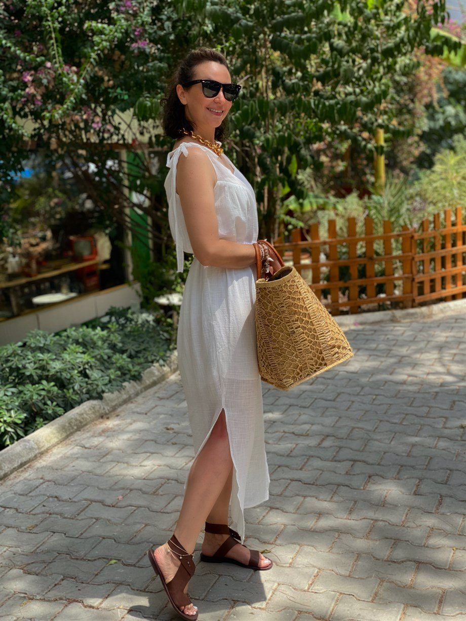 Beyaz Keten Bodrum Elbise