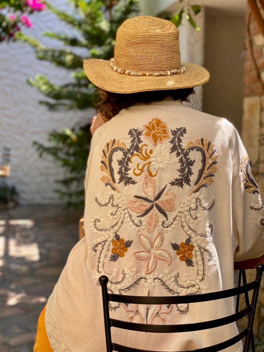 NATURAL PULLU NAKIŞLI KİMONO & KAFTAN