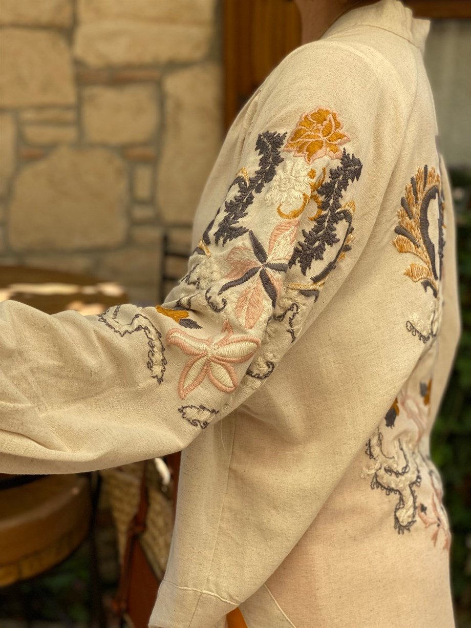 NATURAL PULLU NAKIŞLI KİMONO & KAFTAN