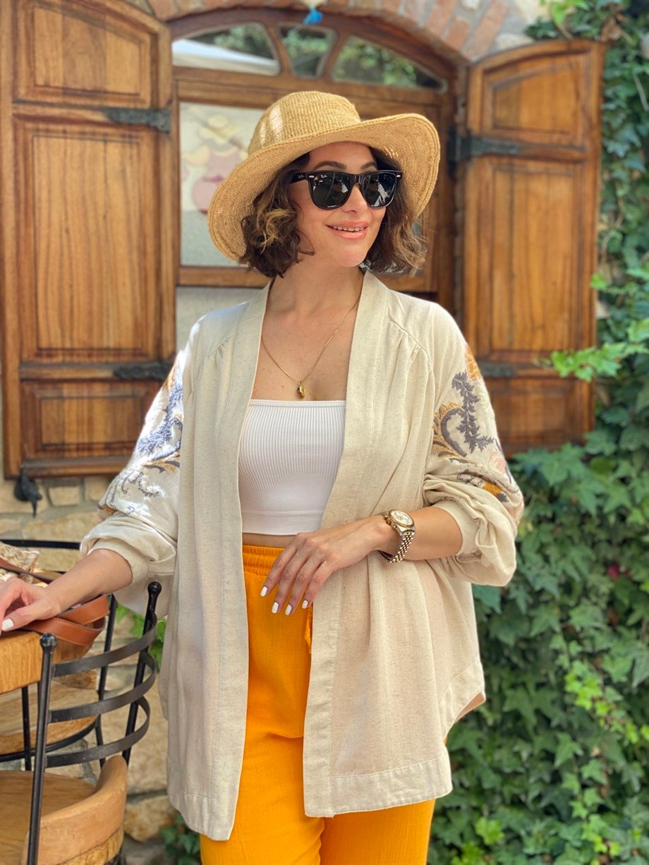 NATURAL PULLU NAKIŞLI KİMONO & KAFTAN