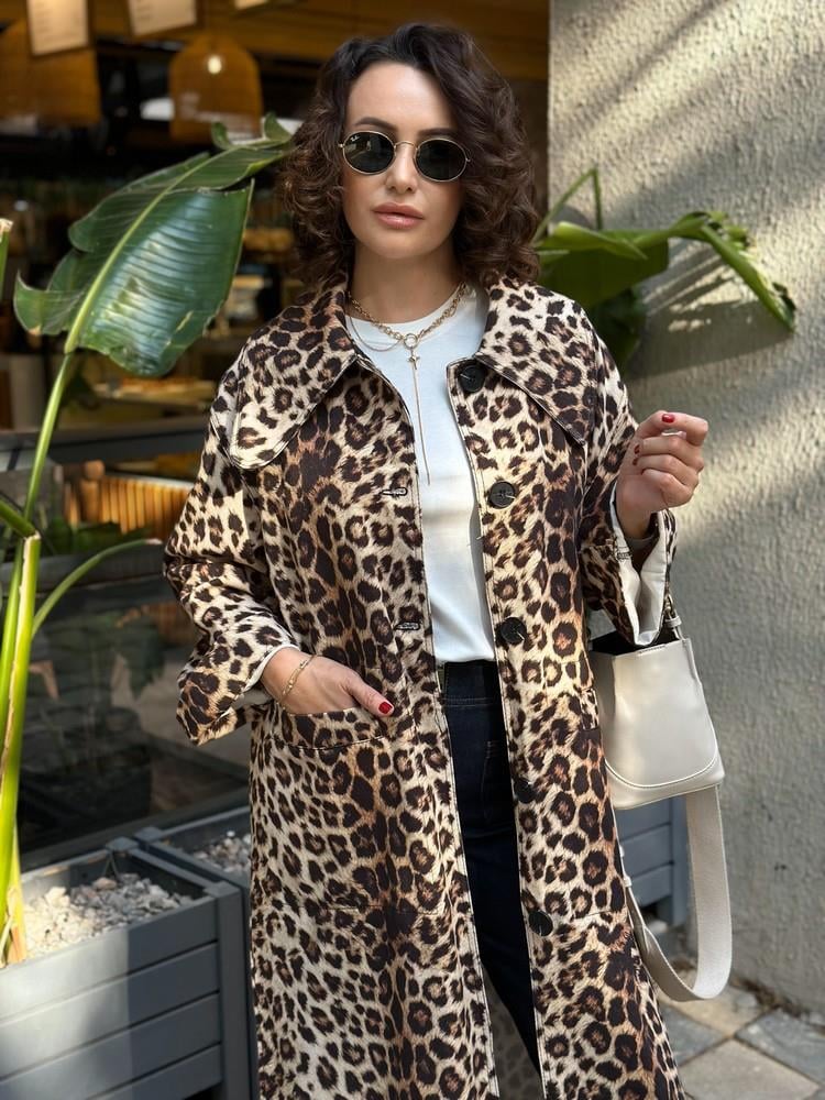 ÖNDEN CEPLİ OVERSIZE LEOPAR TRENÇKOT