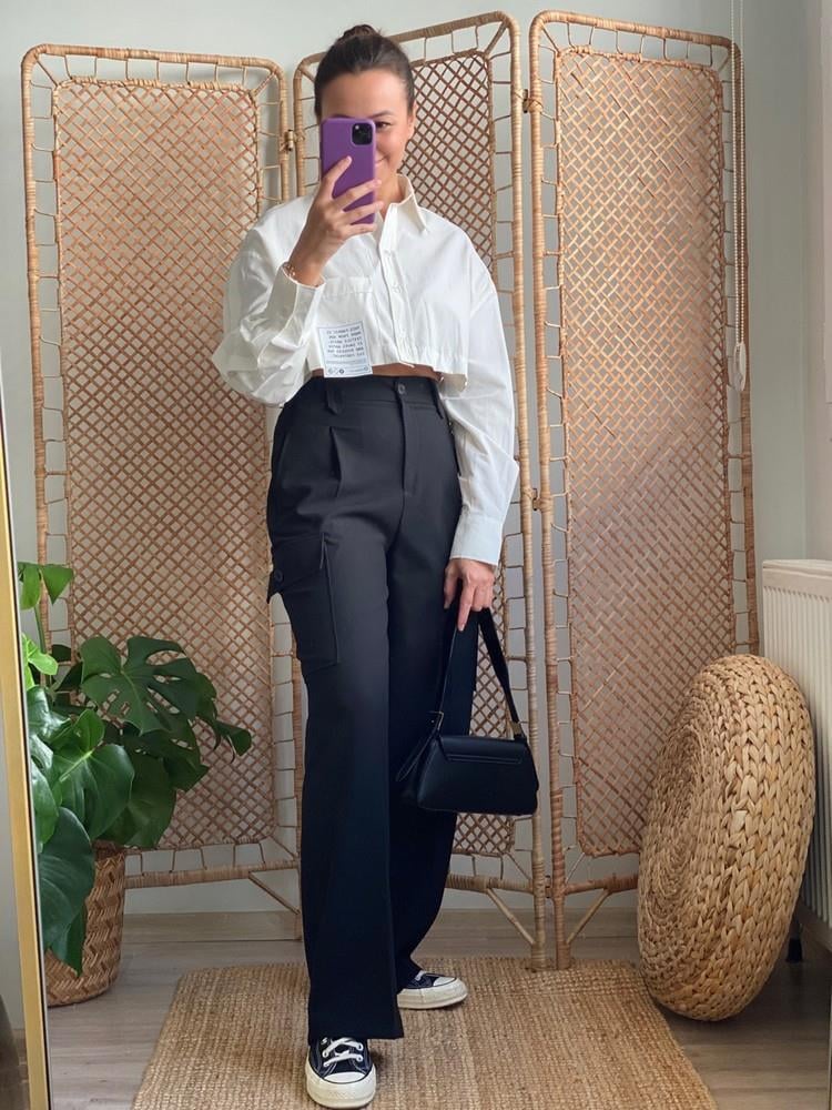 OVAL KESİM YAZILI CROP GÖMLEK