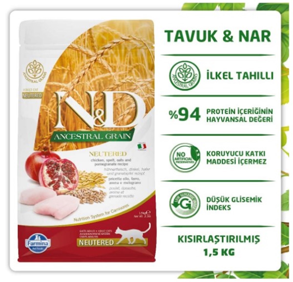 N&D Low Tavuk&Nar Kısırlaştırılmış Yetişkin Kedi Maması 1,5 Kg