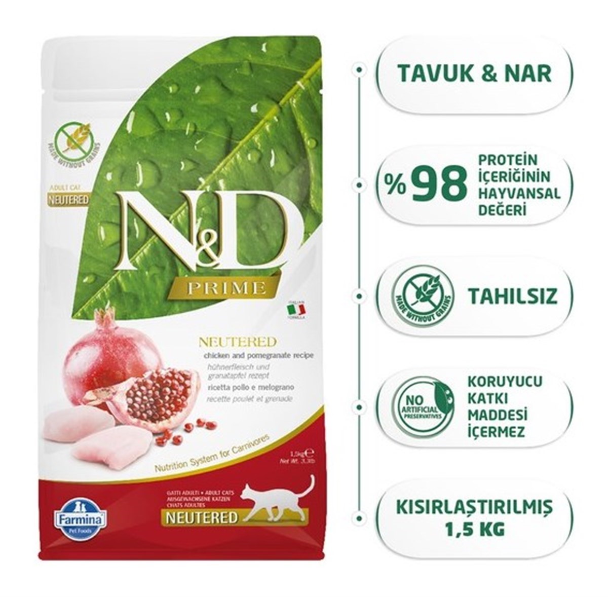 N&D Tahılsız Tavuklu Narlı Kısırlaştırılmış Kedi Maması 1,5 Kg