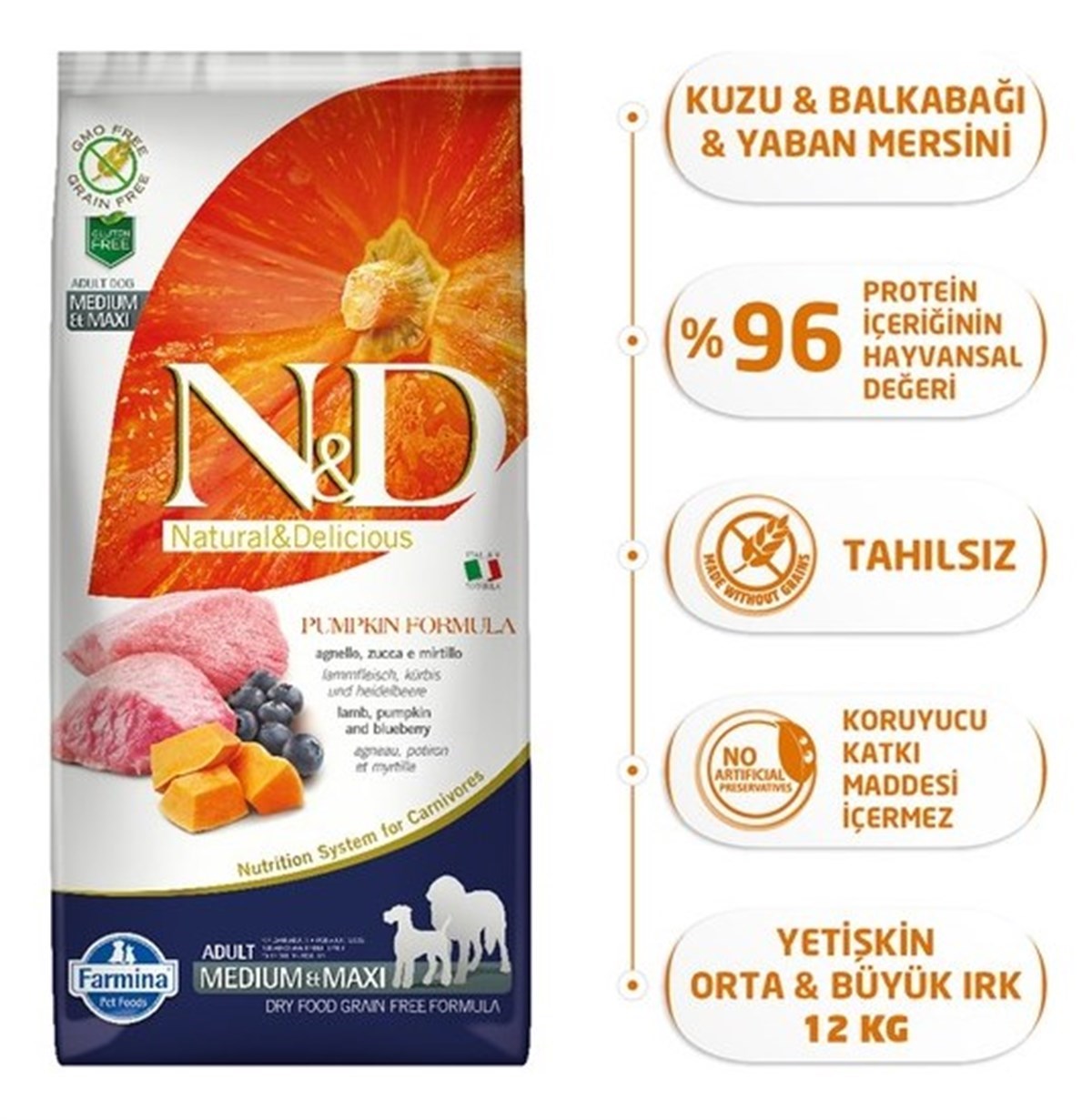 N&D Pumpkin Kuzu&Yaban Mersini Orta Büyük Irk Köpek Maması 12 Kg