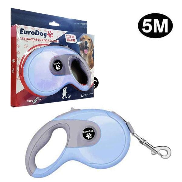 EuroDog Otomatik Şerit Köpek Gezdirme Tasması 5 Mt Gri-Mavi