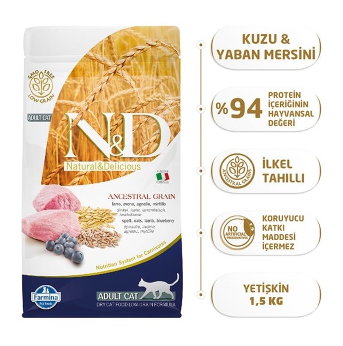 N&D Düşük Tahıllı Kuzulu Yaban Mersinli Kedi Maması 1,5 Kg